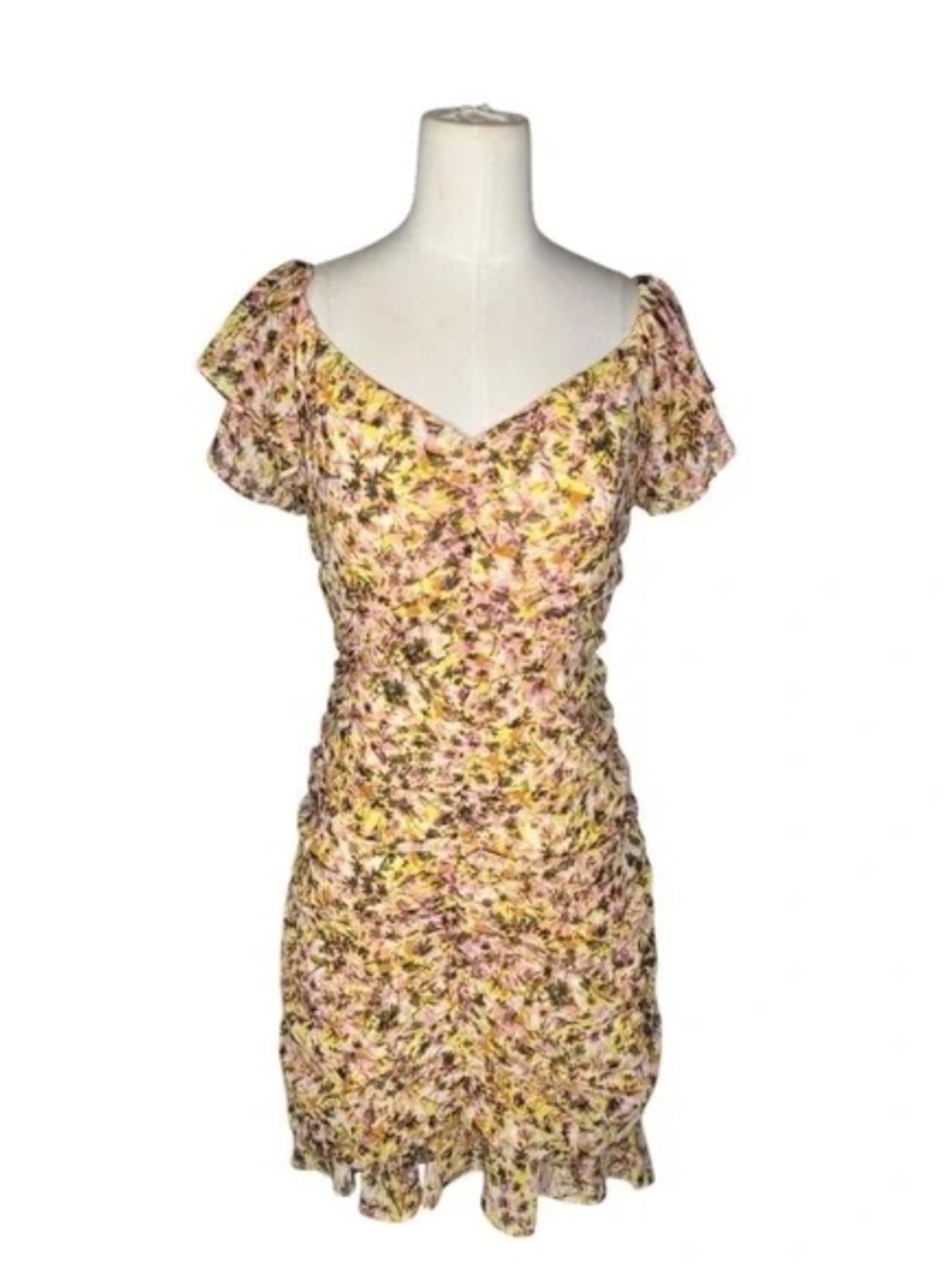 ASTR the Label Shirred Flutter Mini Dress Blush Yellow Multi Floral Print Medium - Picture 5 of 7